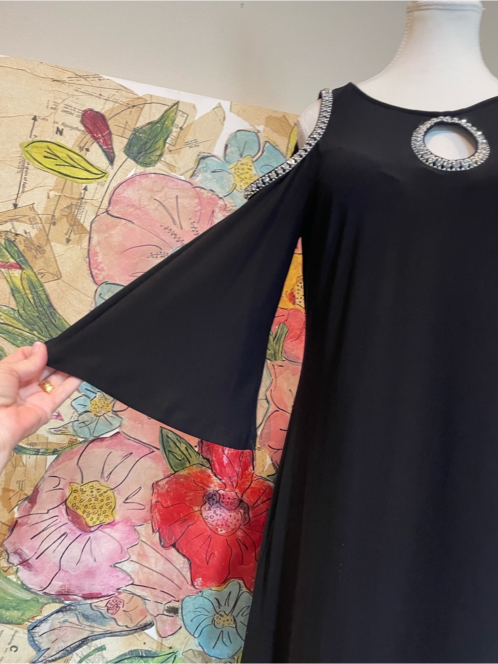 Black Long-Sleeve Cold-Shoulder Dress with Rhinestone Trim